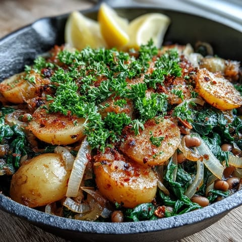 Golden-brown potatoes and black-eyed peas sizzle in a cast iron skillet with wilted spinach for a hearty Southern-inspired vegetarian dinner.