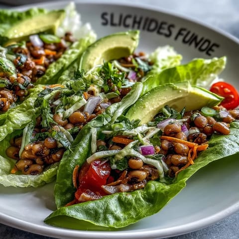 Crisp butter lettuce cups filled with seasoned black-eyed peas, diced red bell pepper, and fresh cilantro, topped with avocado.