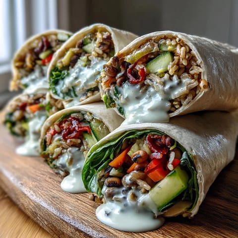 Fresh Black-Eyed Pea Wraps filled with brown rice and crunchy veggies, drizzled with creamy tahini sauce and ready to eat.