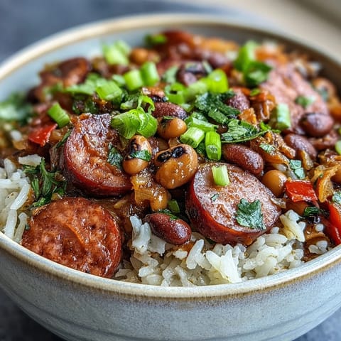 A close-up view of Cajun Black-Eyed Pea Jambalaya reveals fluffy rice, tender peas, and fresh parsley garnish.