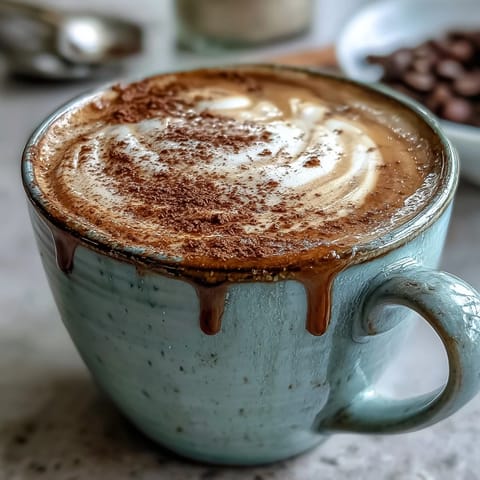 Cozy hot hojicha latte in a ceramic mug, topped with creamy foam and a light dusting of roasted tea powder.