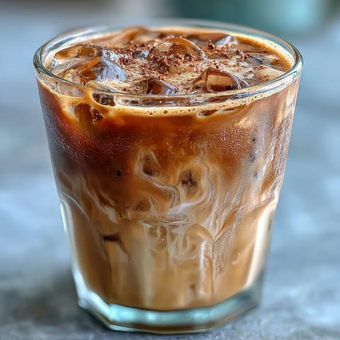 Over ice-filled glasses, an Iced Hojicha Latte with creamy milk and rich roasted tea. 