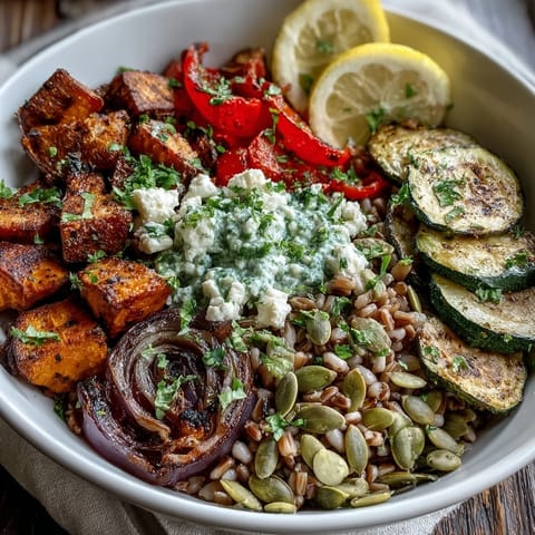 Golden roasted sweet potato and red onion piled on a Black-Eyed Pea Grain Bowl with farro.
