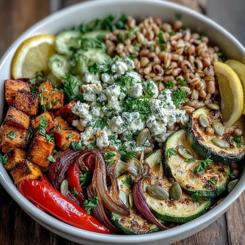 Fresh cilantro and toasted pumpkin seeds garnish the bowl with lemon wedges on the side.
