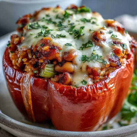 Golden-brown baked Black-Eyed Pea Stuffed Peppers sit in a dish, their tender bell pepper skins slightly blistered and cheese bubbling on top.