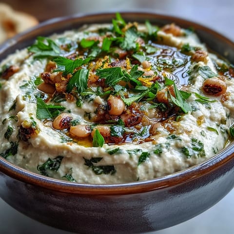 Creamy smashed black-eyed peas dip topped with fresh parsley in a rustic bowl, surrounded by pita chips and crisp vegetables for dipping.