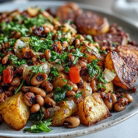 A hearty Black-Eyed Pea Hash garnished with fresh parsley, served hot alongside a fried egg for breakfast.