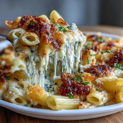 One-Pot Cheesy Pasta Bake with golden melted cheese and bubbling tomato sauce in a rustic Dutch oven.