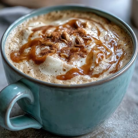 Warm and soothing dandelion tea latte with frothy oat milk and a drizzle of honey, perfect for a relaxing moment.