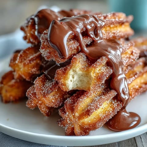 Cinco de Mayo Churro Bites with Chocolate Dipping Sauce: golden, crispy churros tossed in cinnamon sugar, served with rich chocolate sauce for dipping.