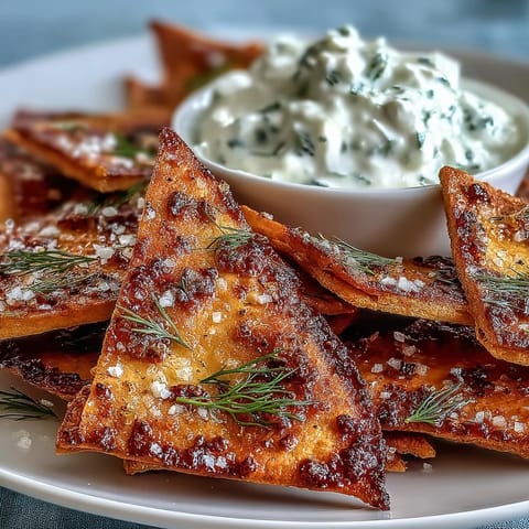 Homemade pita chips with tzatziki dip — crispy golden triangles beside a bowl of cool, herby cucumber yogurt sauce.