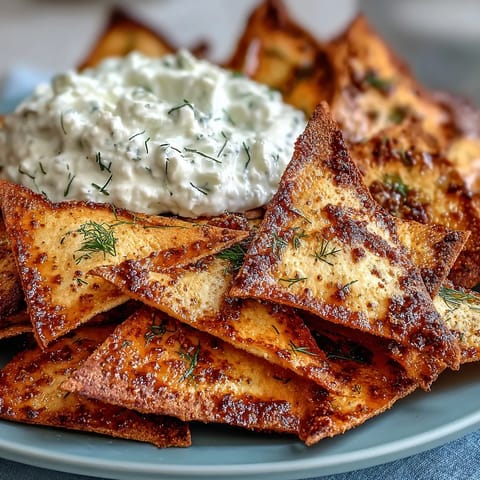 Freshly baked pita chips with tzatziki — golden, crunchy triangles paired with creamy, garlic-dill cucumber dip.