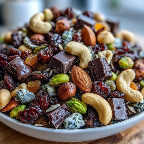 Homemade Trail Mix with Dark Chocolate, a perfect blend of crunchy nuts, chewy fruits, and rich chocolate, ideal for snacking on the go.