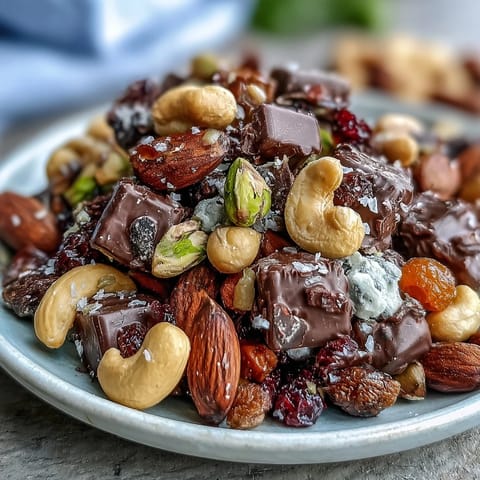 A vibrant mix of almonds, cashews, and dark chocolate chunks, offering a satisfying crunch and a hint of sweetness in every handful.