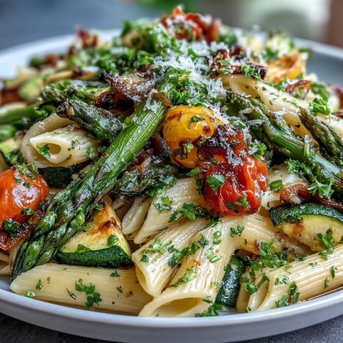 Spring Pasta Primavera with Fresh Veggies served in a white bowl, colorful vegetables and herbs glistening with olive oil, sprinkled with Parmesan cheese.