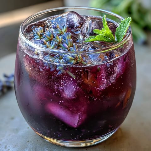A vibrant purple lemonade refresher with fresh citrus and soothing lavender notes, served over ice with lemon slices and lavender sprigs.