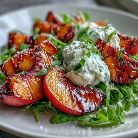 Grilled peaches and creamy burrata combine beautifully in this honey-kissed summer salad, perfect for warm evenings.