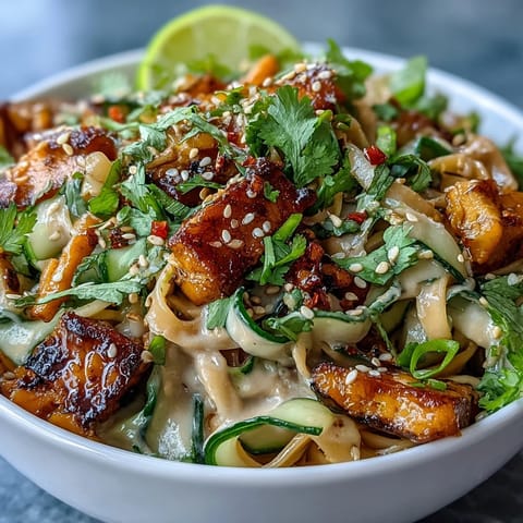 Cold sesame noodle bowl with cucumber, julienned veggies, and sesame seeds in a creamy sesame sauce.
