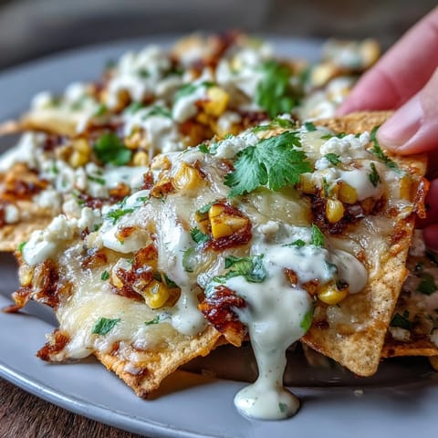 Stacked Cinco de Mayo Elote Nachos drizzled with smoky chipotle crema topping.