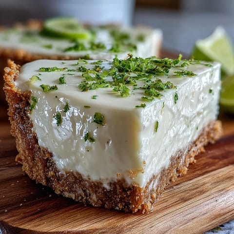 No-Bake Key Lime Pie featuring a smooth, vibrant filling and crumbly crust.