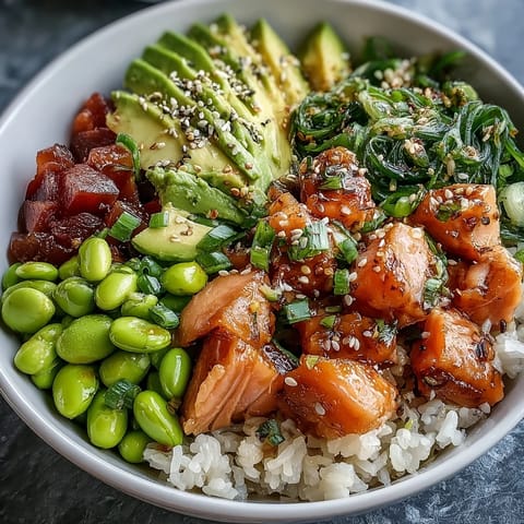Delicious poke bowl featuring marinated salmon, crunchy vegetables, and fluffy rice.
