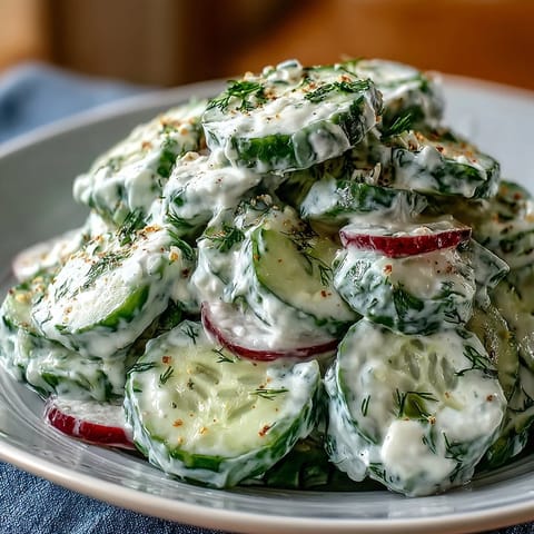 Juicy, crisp cucumbers coated in tangy cream cheese dressing, topped with the Viral Cucumber Salad seasoning.