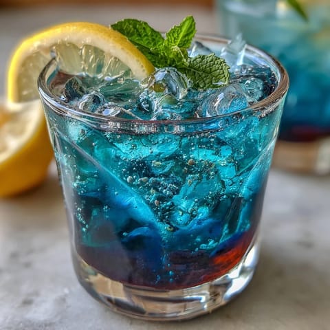 Close-up of vibrant, color-changing butterfly pea flower lemonade with lemon garnish.