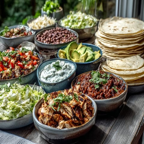 Delicious DIY Taco Bar for Outdoor BBQ, guests scooping up colorful fillings.