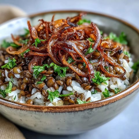 Levantine Mujadara with fluffy rice, tender lentils and crispy onions on top.
