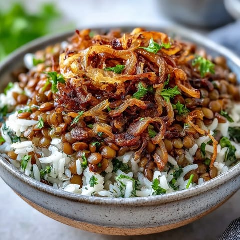 Top this Levantine Mujadara with crispy fried onions for a hearty vegetarian meal.