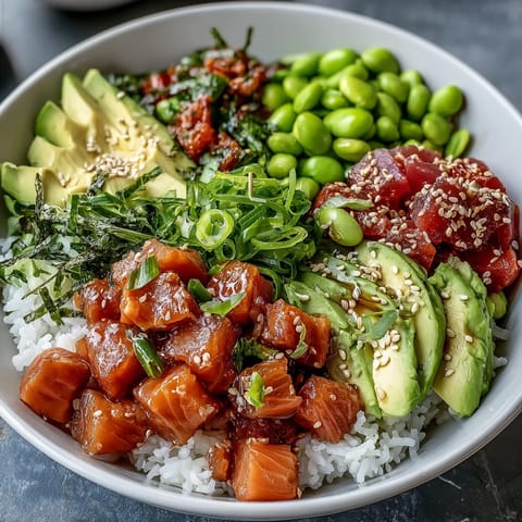Vibrant salmon poke bowl with creamy avocado, edamame, and fresh veggies.