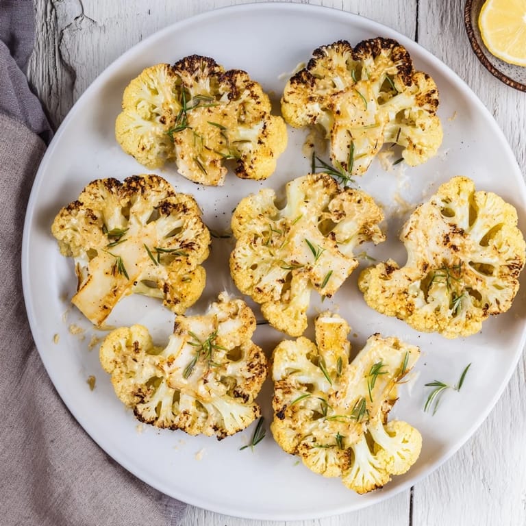 These hearty roasted cauliflower steaks present a beautiful golden crust, drizzled generously with tahini.
