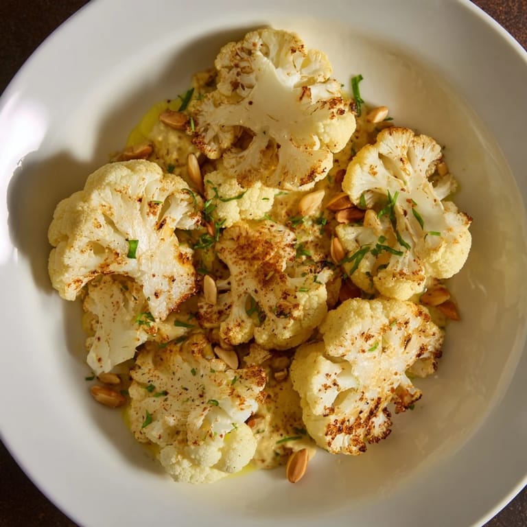 Visualize tender roasted cauliflower steaks boasting a delicious tahini sauce, ready to serve and enjoy.