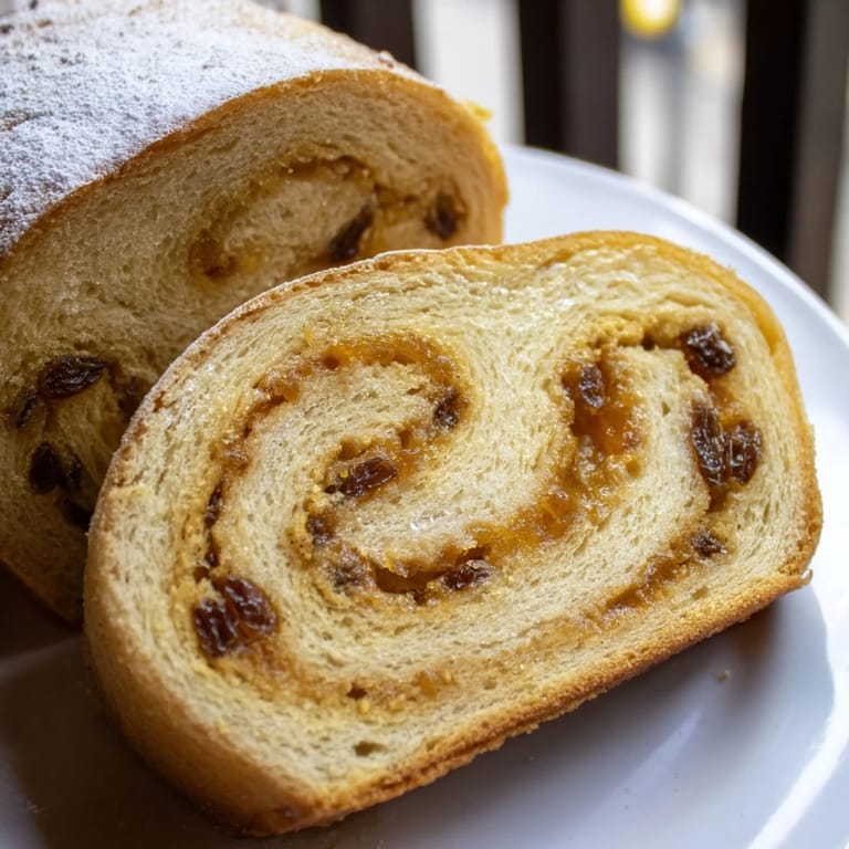 Warm Homemade Cinnamon Swirl Raisin Bread, fresh from the oven, with a sweet, spiced aroma.