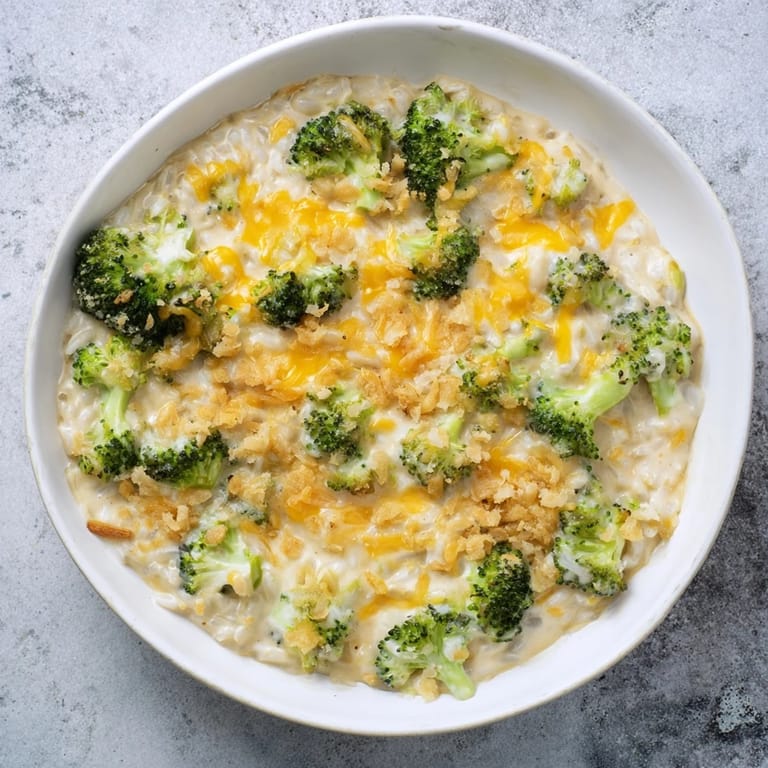 Warm and comforting: A family-style serving of Cheesy Broccoli and Rice All-in-One Bake, ready to enjoy.