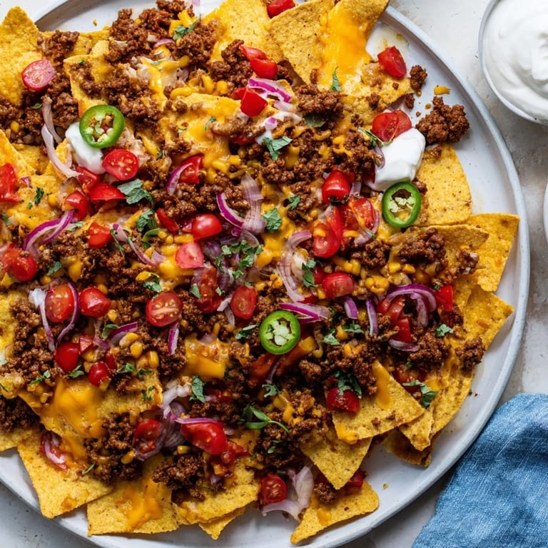 A close-up of fully loaded Classic Sheet Pan Beef Nachos, bursting with colorful, fresh Tex-Mex ingredients.