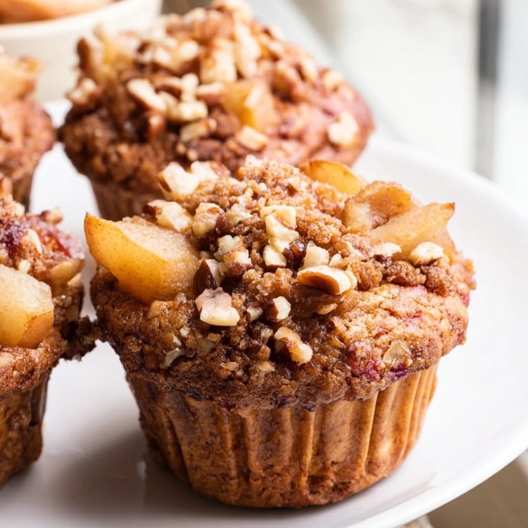 Warm, spiced aroma: fluffy Seasonal Spiced Pear and Walnut Muffins with visible pear chunks and crunchy walnuts.