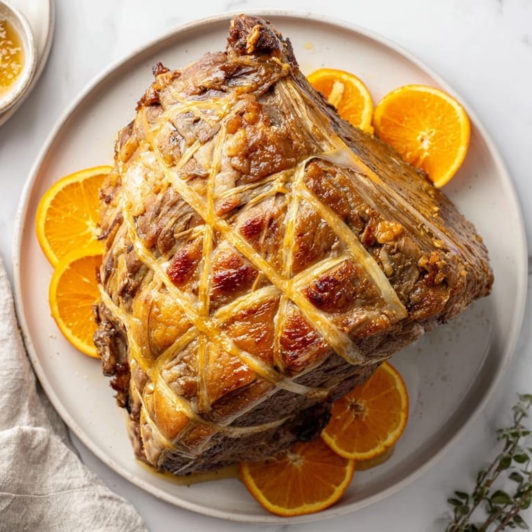 Close-up of the sticky, sweet glaze on the Slow-Cooked Honey Glazed Ham for a delicious meal.