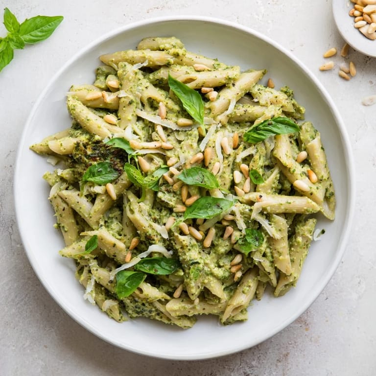 Enjoy a quick, delicious serving of The Best 15-Minute Creamy Pesto Pasta, ready in minutes on a plate.