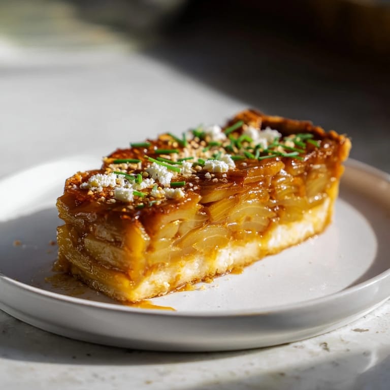 Golden-brown, savory Decadent Caramelized Onion and Goat Cheese tart, ready for slicing and enjoying.
