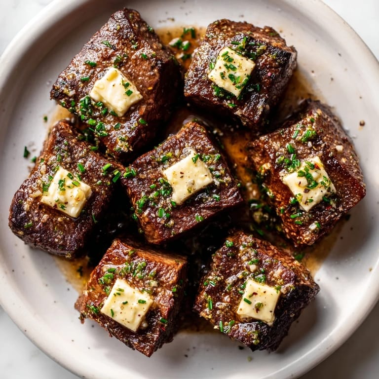 Picture of golden Skillet-Seared Steak Bites, with fresh parsley, ready for a delicious meal.