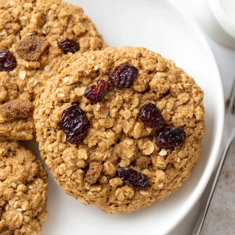 Warm, chewy oatmeal raisin breakfast cookies, showing off their soft interior and studded with raisins.