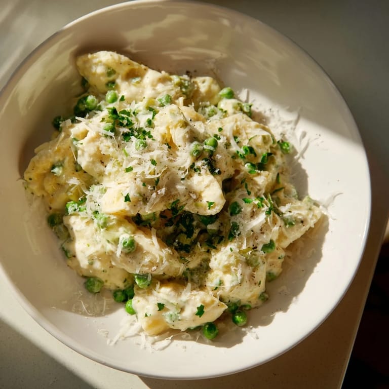 A delicious close-up of Creamy Parmesan Orzo with Green Peas, a vegetarian Italian-inspired meal.