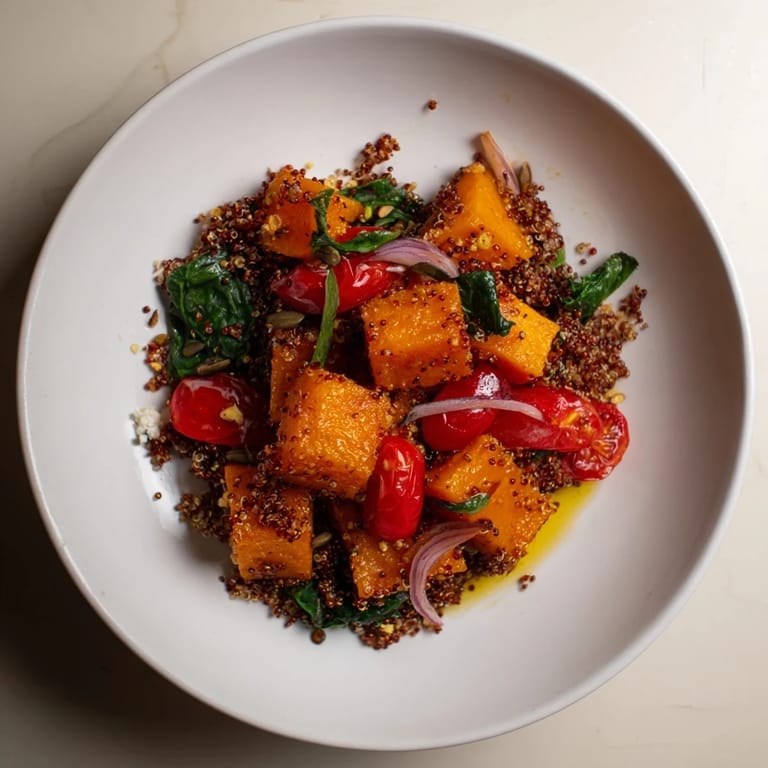 This beautiful Golden Honey-Roasted Butternut Squash Bowl shows roasted squash, colorful veggies, and a tangy drizzle.