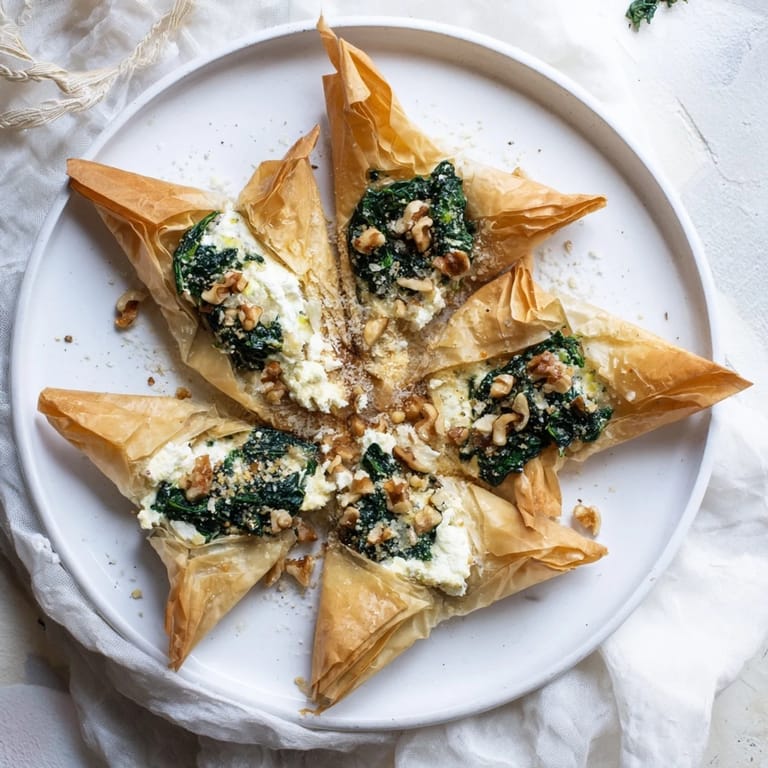 Warm and savory, these handmade Savory Spinach and Ricotta Puff Pastry Triangles offer a delicious, flaky texture.