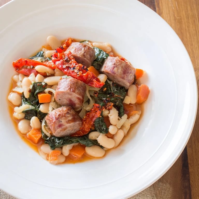 Close-up of a rich, bubbling one-pot sausage and white bean stew, ideal for a comforting dinner.