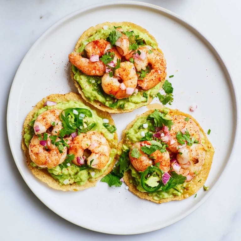 Bright, flavorful Quick Shrimp and Avocado Tostadas, featuring perfectly cooked shrimp with fresh, vibrant toppings.