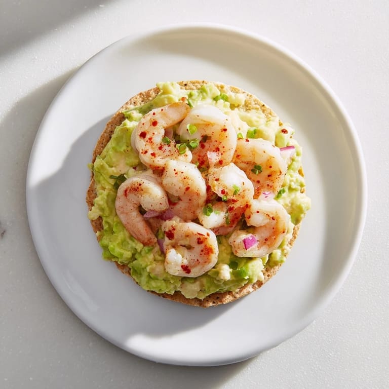 Close-up of Quick Shrimp and Avocado Tostadas showing juicy shrimp, creamy avocado, and colorful garnishes.
