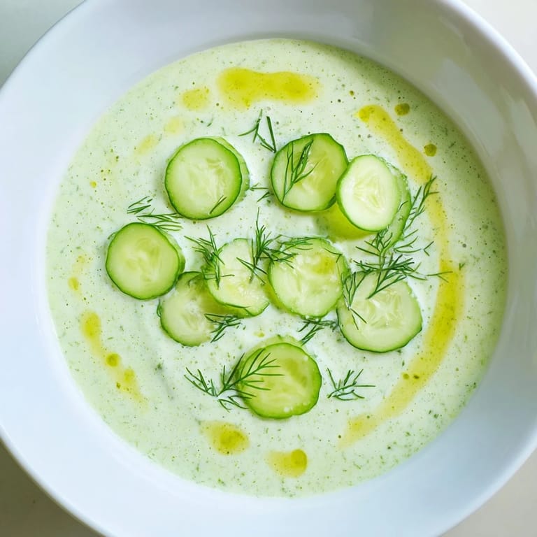 A close-up of a bowl filled with vibrant green Cucumber Garlic Soup, perfect for a summer lunch.