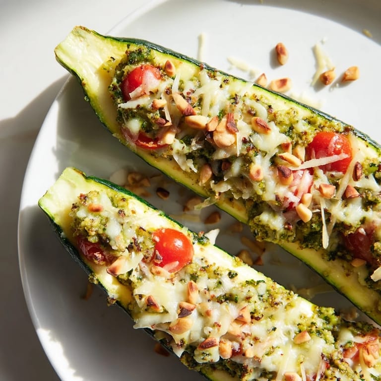 A close-up of baked Cheesy Pesto Zucchini Boats showcasing melted mozzarella and a hint of fresh basil.